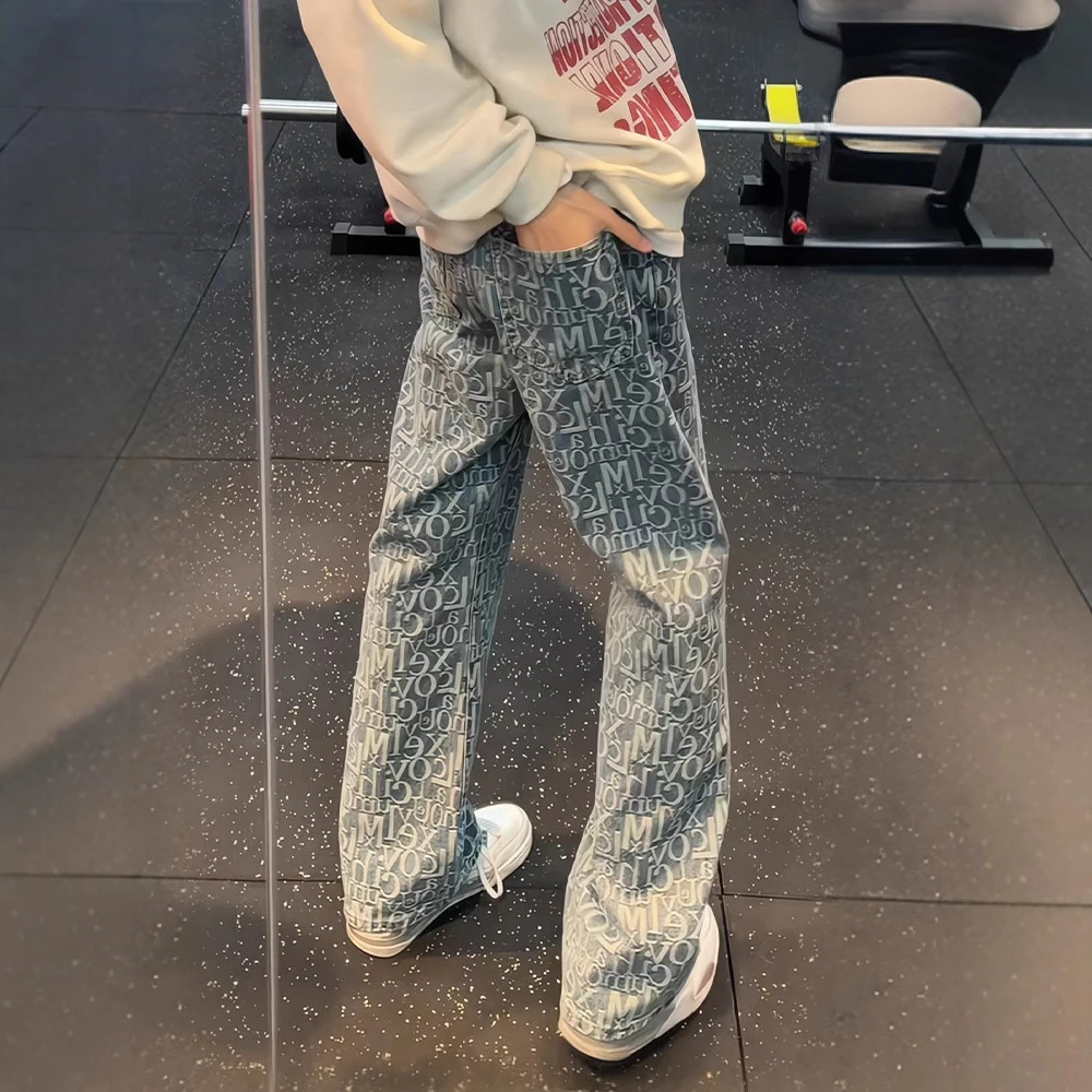 浅蓝色字母提花满印牛仔裤男款夏季美式潮牌vibe修身