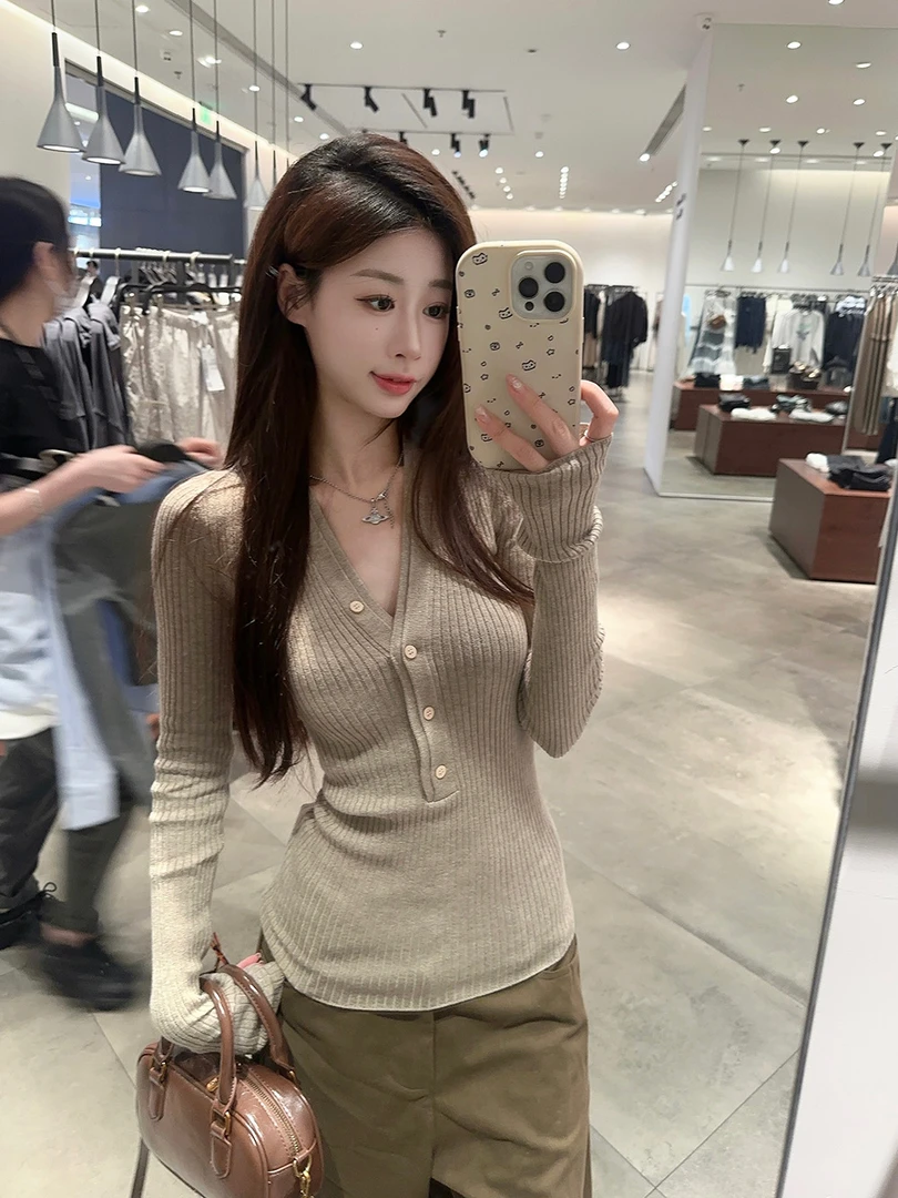 双门襟设计感纯色针织衫打底V领双层门襟长袖上衣长袖针织纯欲