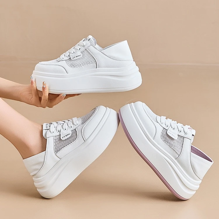 网面透气真皮小白鞋女2025夏季新款百搭厚底松糕网鞋运动休闲