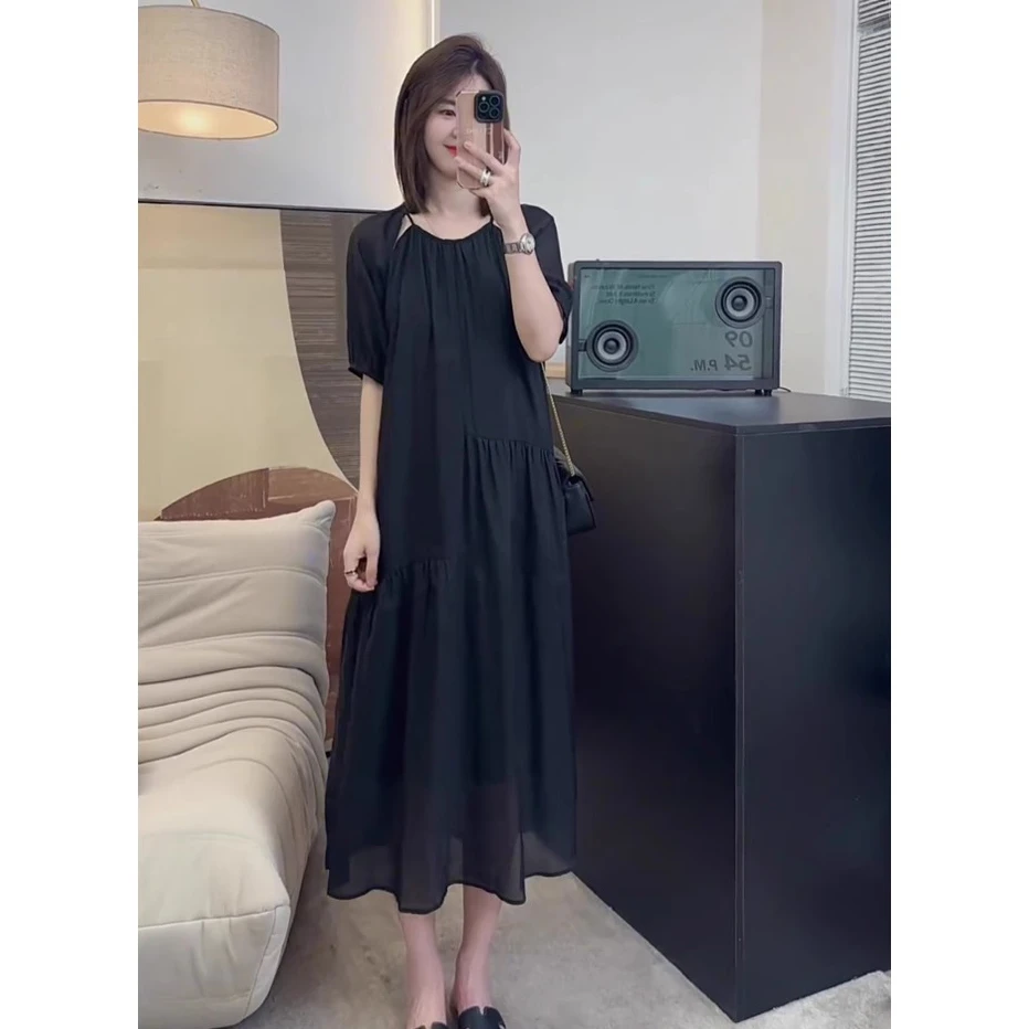 慵懒风宽松垂感短袖连衣裙女遮肉显瘦高级感气质休闲圆领A字长裙