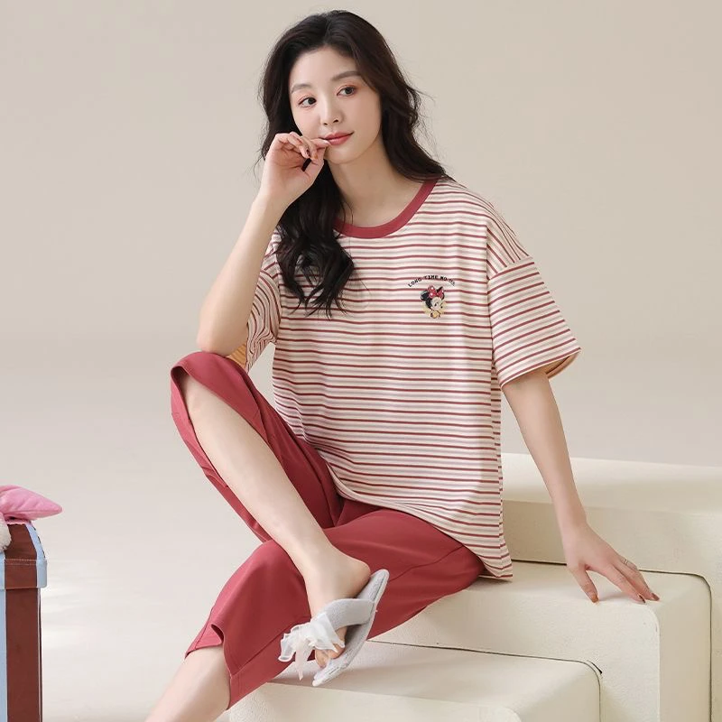 带胸垫短袖七分裤甜美睡衣休闲宽松可外穿家居服两件套