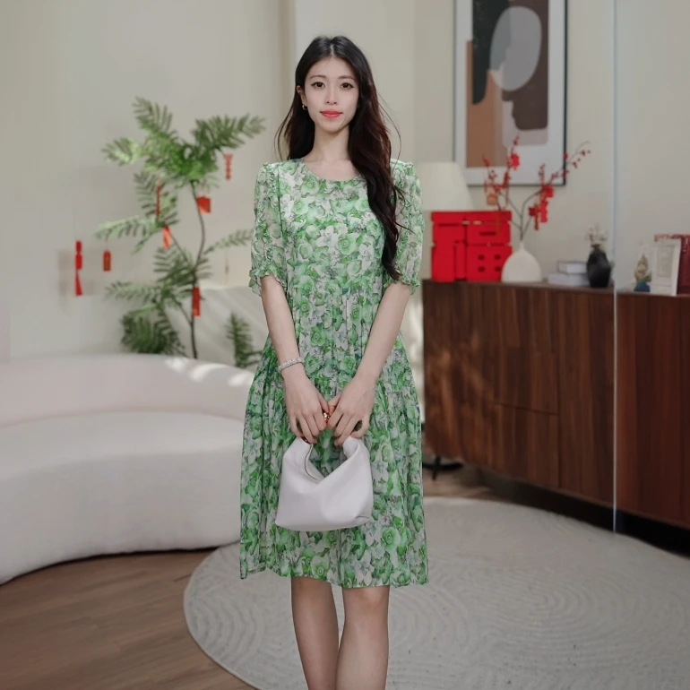 【欧黎蔓】真丝连衣裙2025新款绿色桑蚕丝裙子中长款裙子