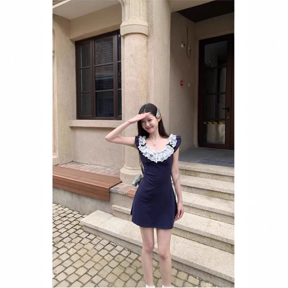 2025新款蕾丝小飞袖连衣裙女夏法式辣妹收腰包臀裙子气质短裙