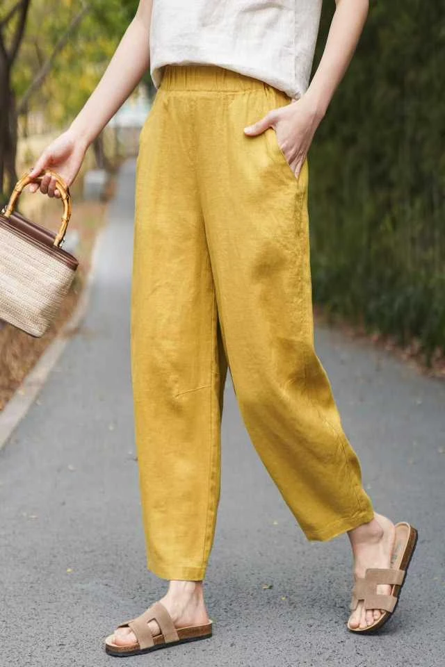 夏季新款亚麻女宽松百搭显瘦九分哈伦萝卜休闲裤