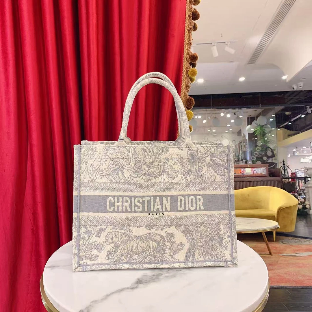 95新 DIOR/迪奥 GGS动物园系列tote托特中号灰色刺绣帆布20013286