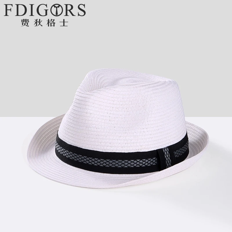 FDIGORS卷边短檐草帽男款夏季英伦复古遮阳防晒帽草编爵士礼帽