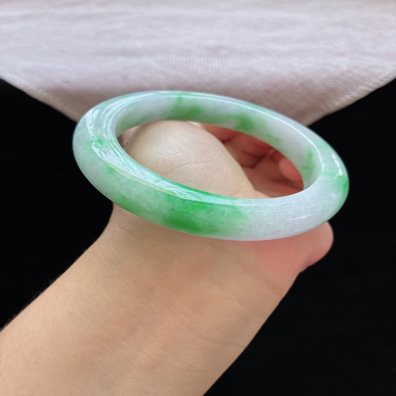 58圈口25378冰糯种水润飘阳绿色翡翠正圈手镯子手环天然A货a15