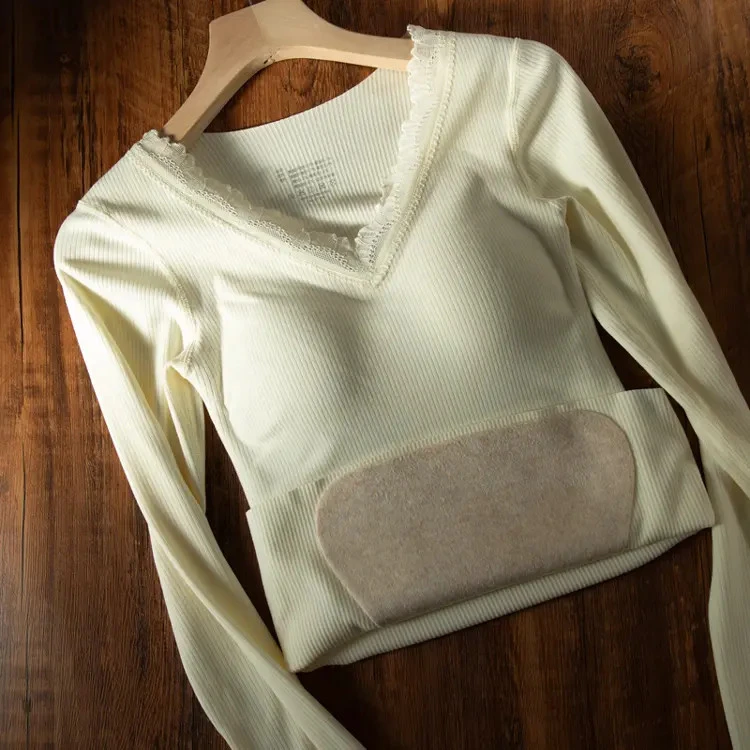 小暖炉！秋冬带胸垫保暖内衣女打底长袖蕾丝v领上衣秋衣秋裤套装