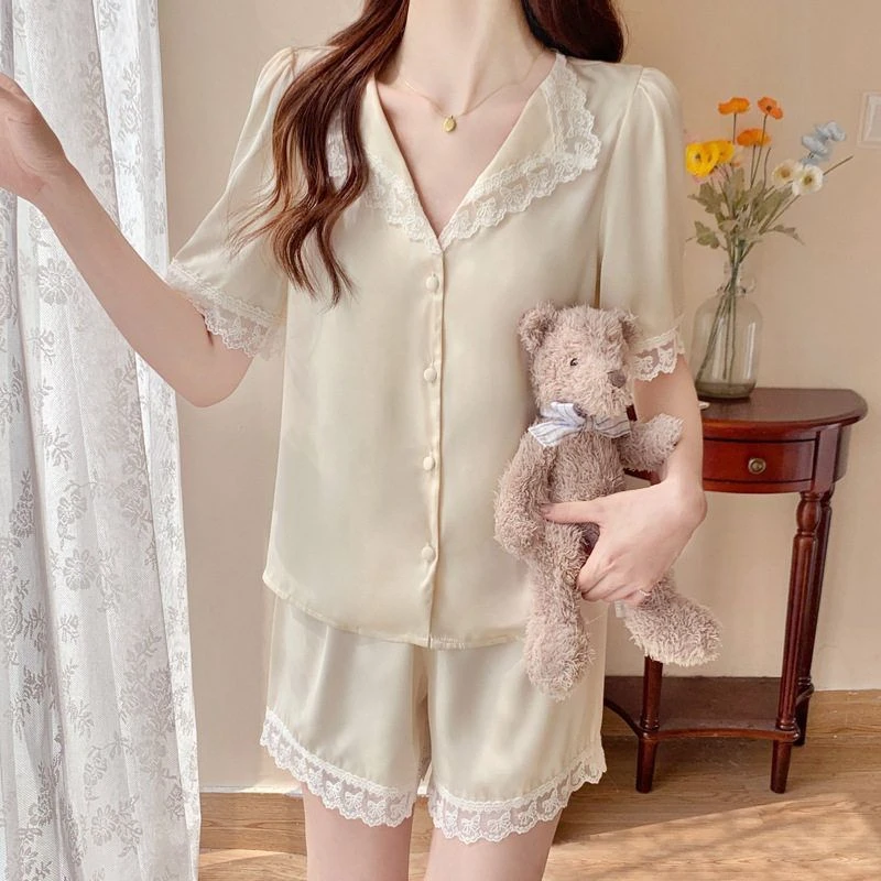 睡衣女新款冰丝套装性感短袖短裤套装网红风可外穿家居服春秋甜