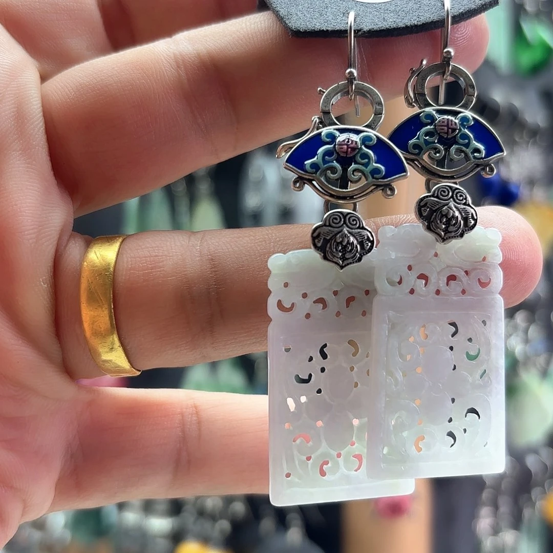 翡翠银S925镶嵌耳饰小**跑