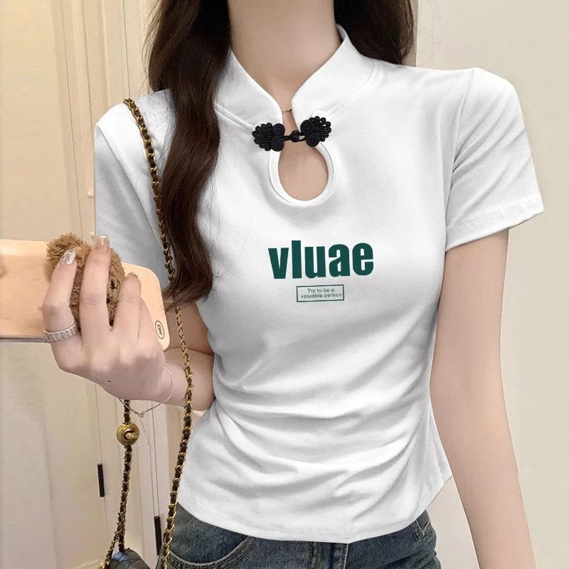 新中式国风盘扣正肩短袖T恤女装夏季打底衫胖MM显瘦遮肉短款上衣