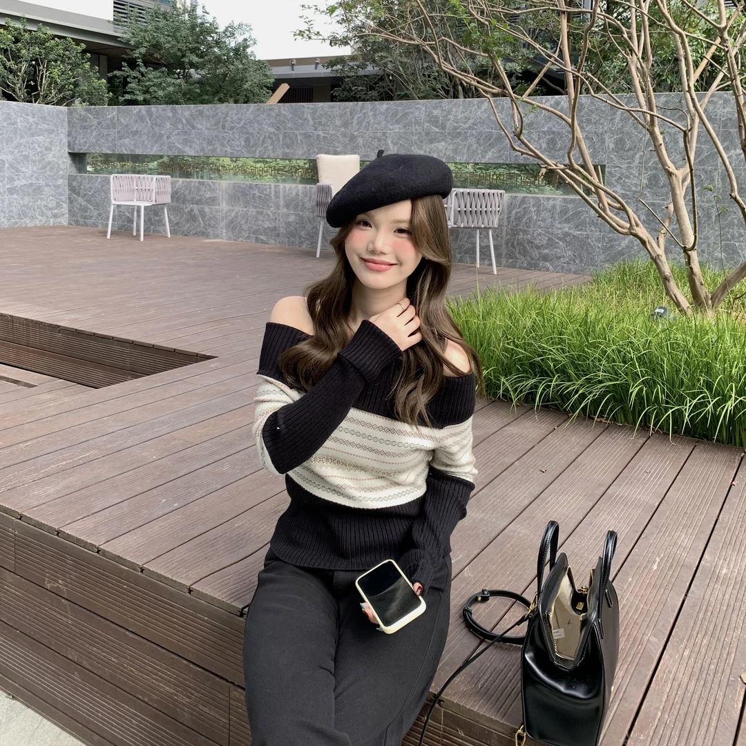 复古费尔岛花纹一字肩针织衫女秋季长袖休闲修身短款毛衣