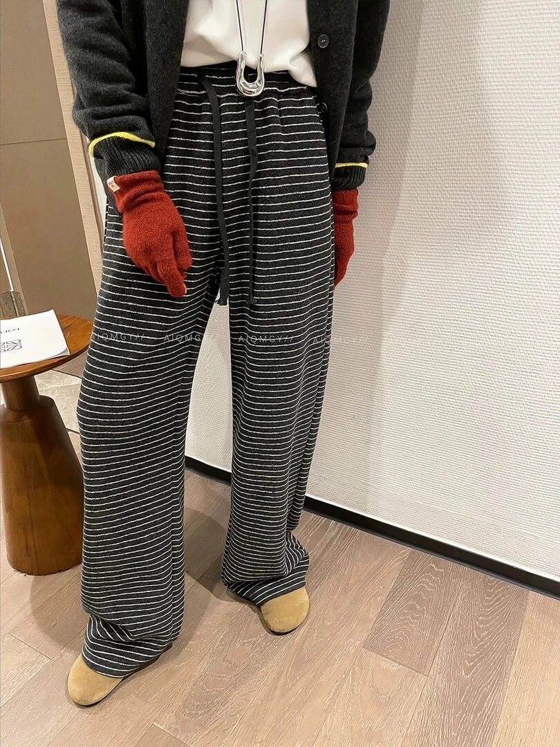 加绒加厚条纹休闲裤女冬季新款显瘦胖mm梨形身材小个子阔腿拖地裤