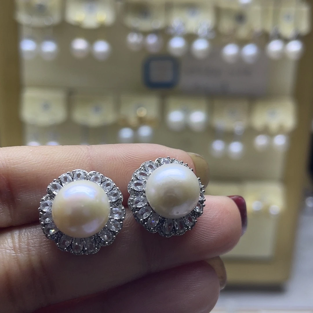 耳饰银S925镶嵌淡水珍珠