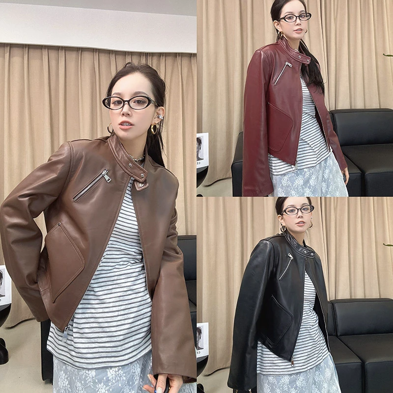 2025新款复古绵羊皮洋气短款皮衣外套女酷飒机车服小个子真皮夹克