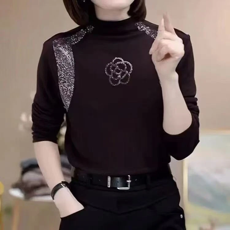 德绒烫钻半高领薄绒秋冬新款宽松长袖中老年妈妈装打底上衣9161#