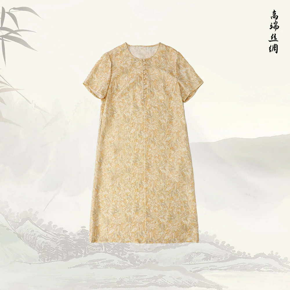 品牌新款新中式排扣文艺气质宽松圆领短袖印花连衣裙526288