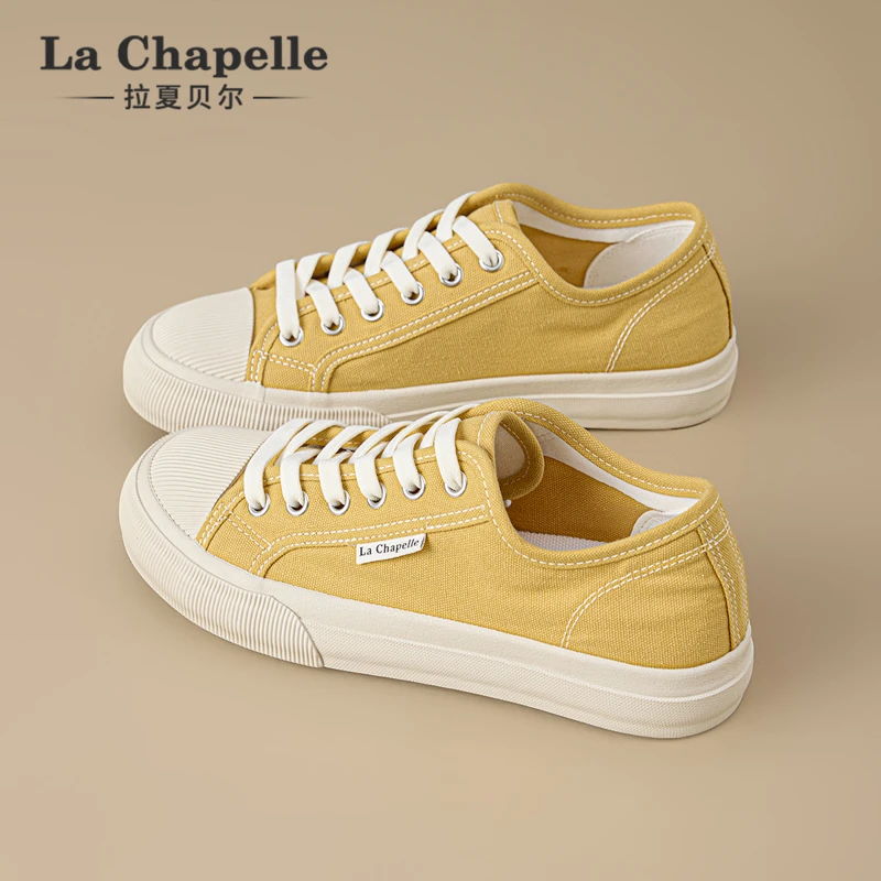 拉夏贝尔黄色帆布鞋女2025夏季新款复古百搭小众鞋子运动小白鞋女