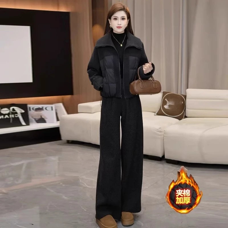 时尚毛呢套装女2025冬季新款宽松显瘦百搭加厚棉服阔腿裤两件套潮