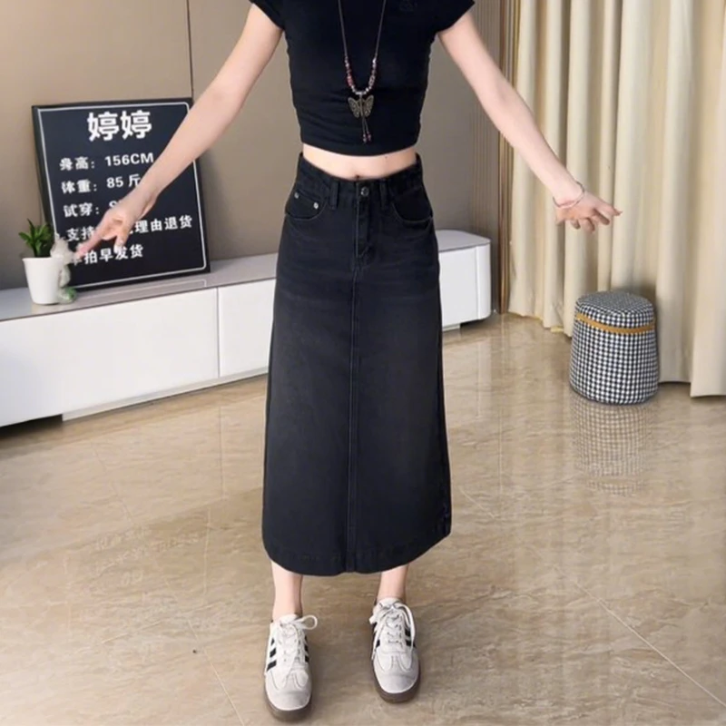 【现货】时尚黑色牛仔A字裙高腰半身裙修身显瘦韩版百搭开叉中长款