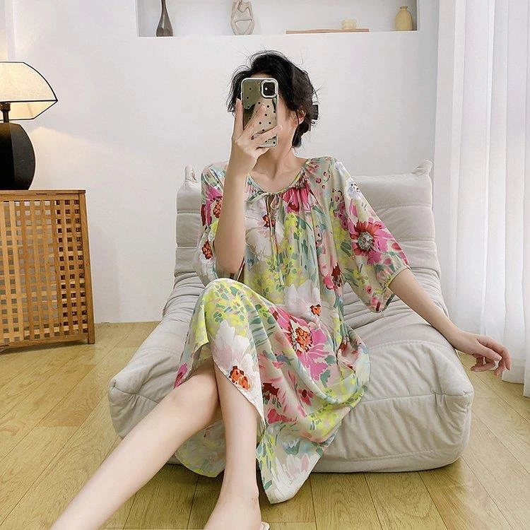 夏季棉绸睡裙时尚胖mm宽松短袖连衣裙睡衣休闲家居服中老年妈妈裙