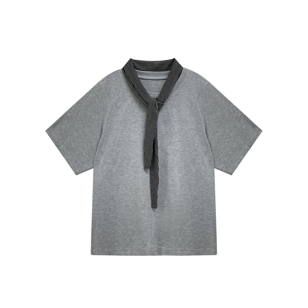 【张小张GY】韩系条纹丝巾假2件短袖T恤1303