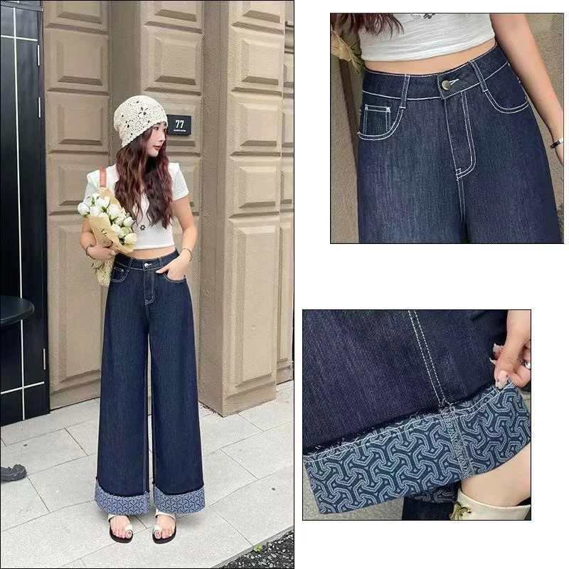 薇莎6157【现货】深蓝色腰果花小个子薄料休闲牛仔裤