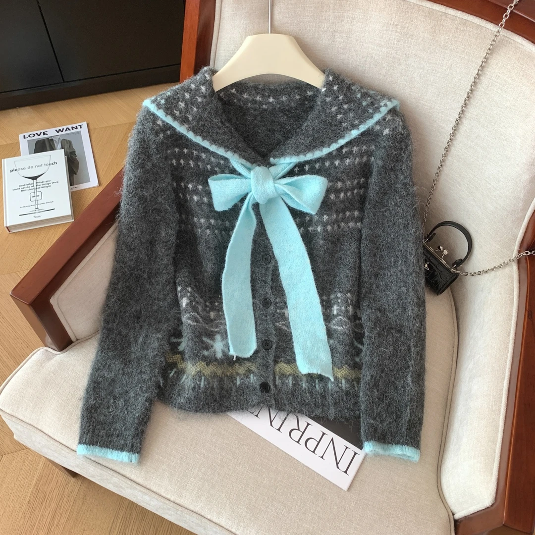 洋气海军领外穿显瘦毛衣开衫女秋冬季新款软糯舒适系带针织衫