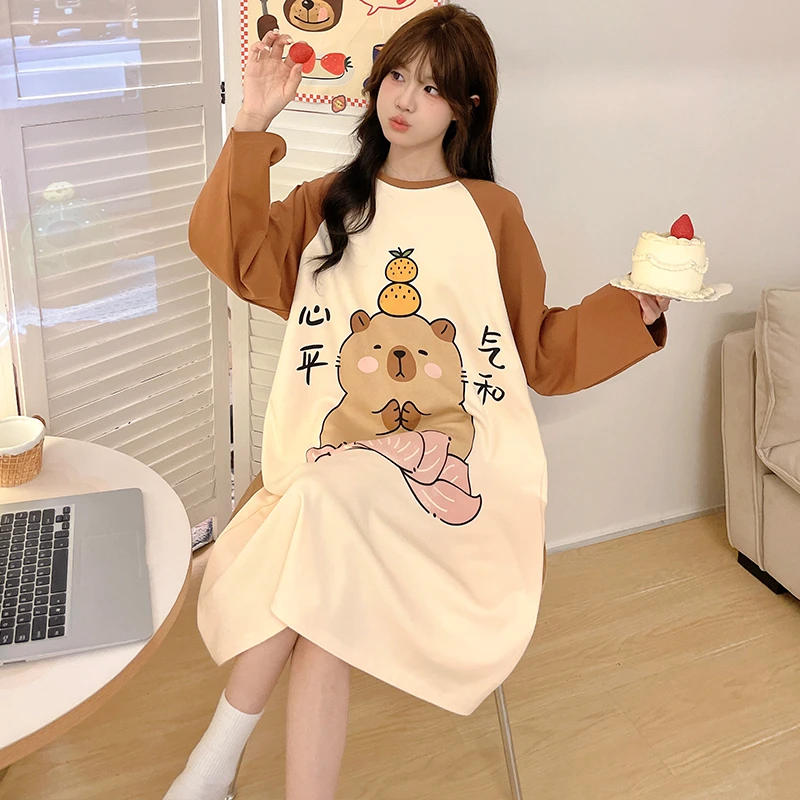 卡皮巴拉女童睡裙长袖纯棉春秋款女孩儿童初中生睡衣6-15岁家居服