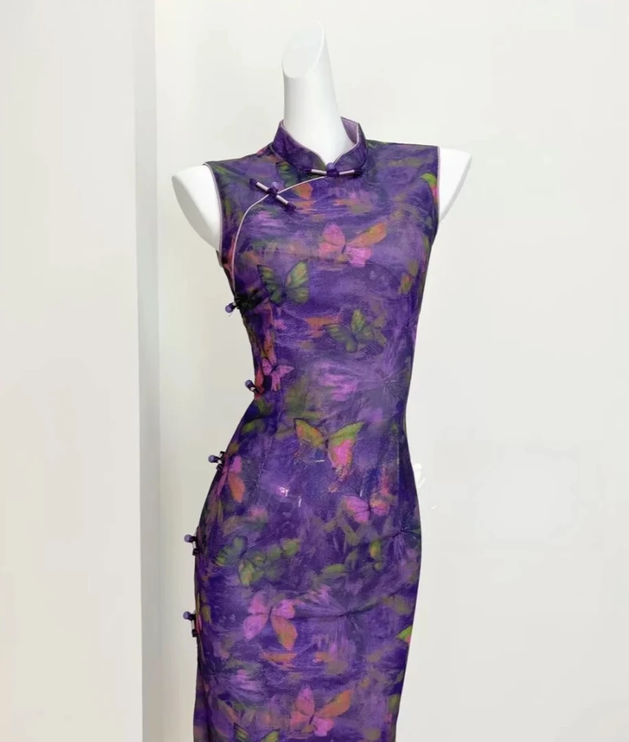 【庄周梦蝶】夏季新中式日常弹力网纱复古显瘦中长款旗袍 裙长122