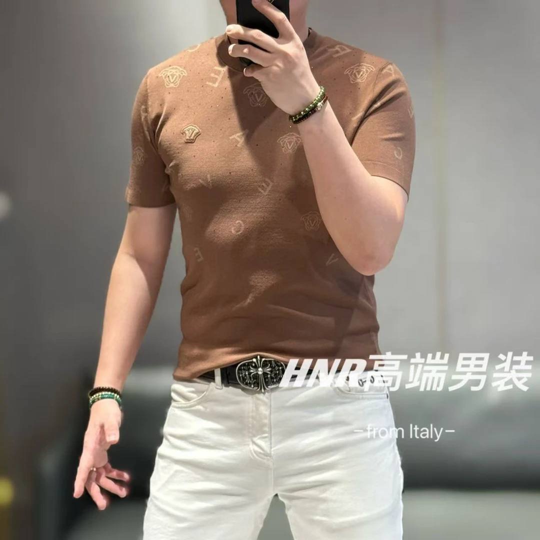 定制级伊力特丝面料立体提花奥钻点缀男士高端T恤7118