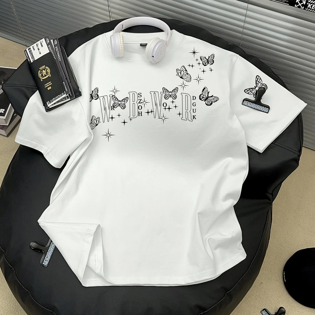 Dekkry潮流设计感蝴蝶字母印花短袖T恤男女夏季纯棉休闲宽松上衣