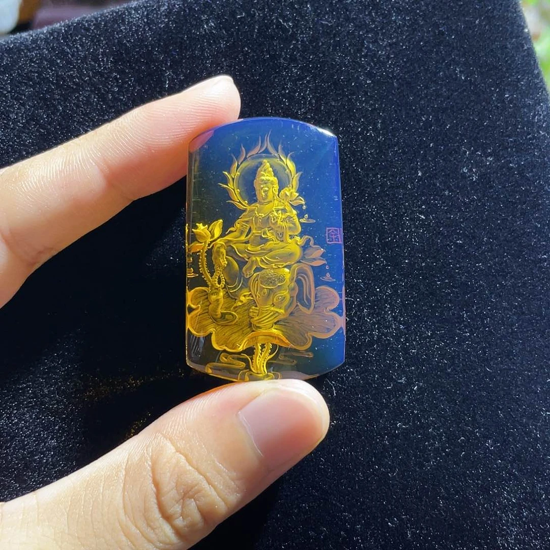 琥珀颈饰未镶嵌蓝珀普贤菩萨阴雕吊坠净水