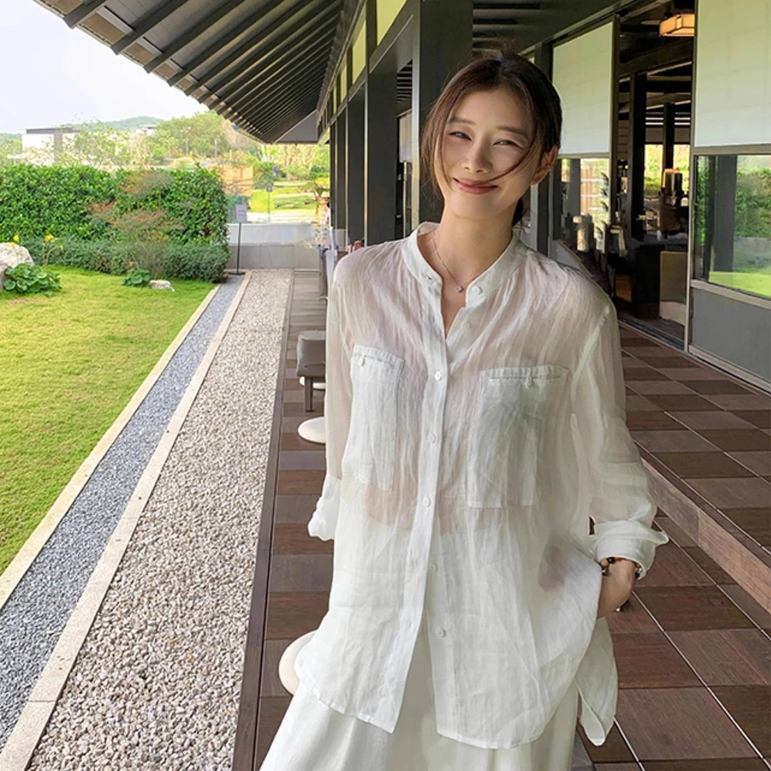 松弛感白色长袖亚麻衬衫女2025夏季法式慵懒老钱风圆领防晒衣套装