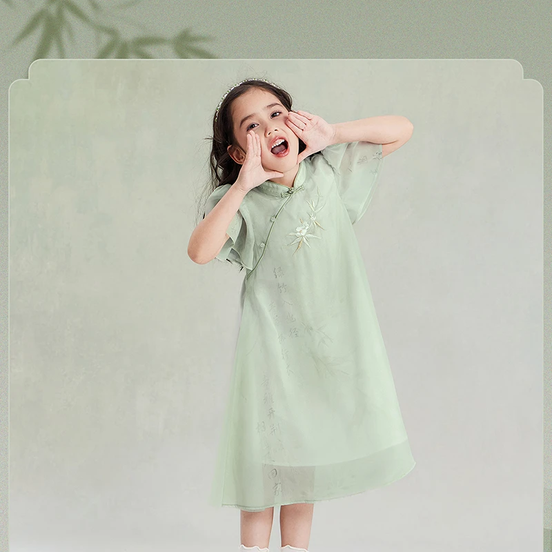 笛莎女童连衣裙夏季公主裙新款洋气小女孩国风旗袍裙【观山见联名】