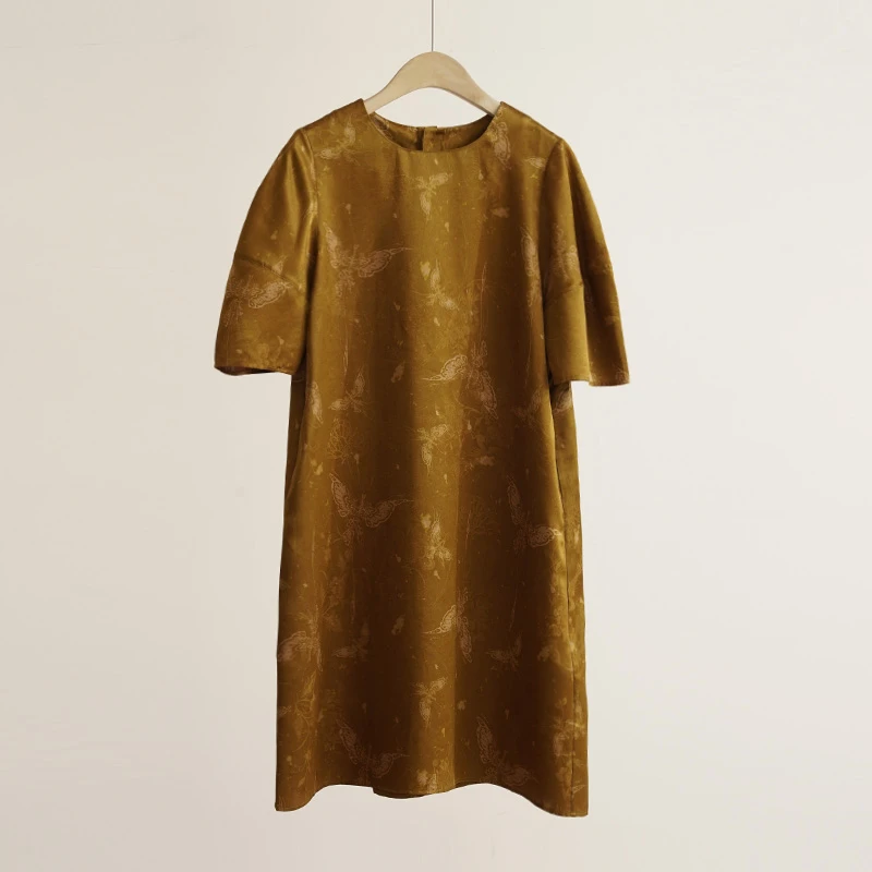 东方美学新中式重缎提花100%桑蚕丝红云纱花萝女士连衣裙（250698）