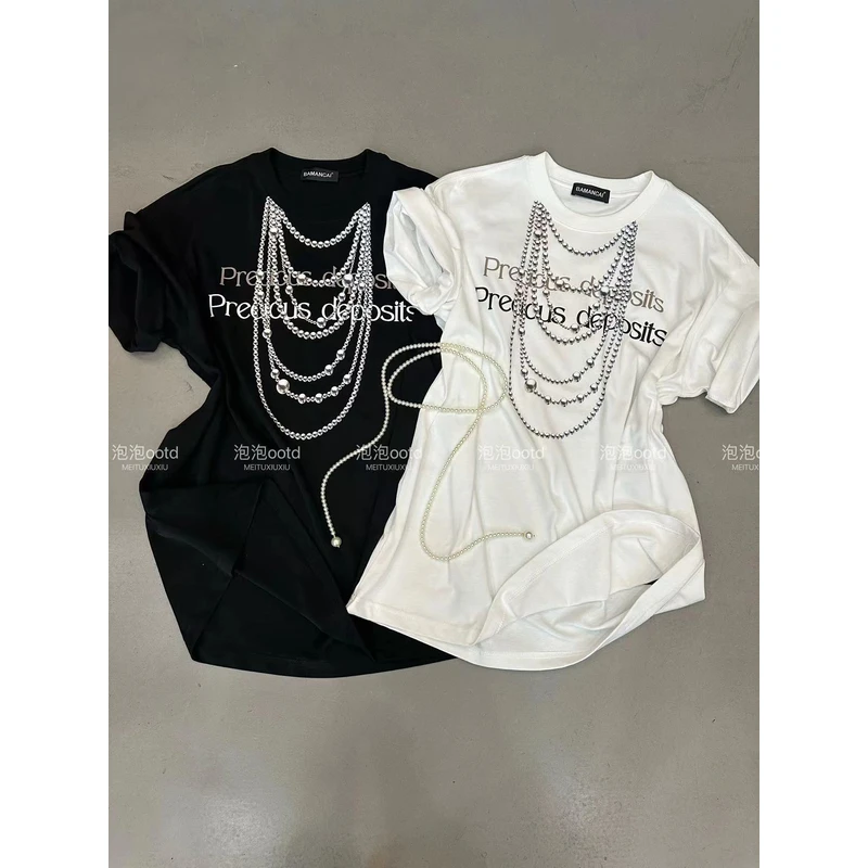 HEIMEI同款项链印花宽松设计感纯棉短袖T恤