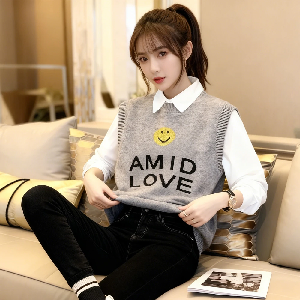 2026秋冬新款韩版时尚长袖白色衬衫+针织马甲两件套女休闲套装潮