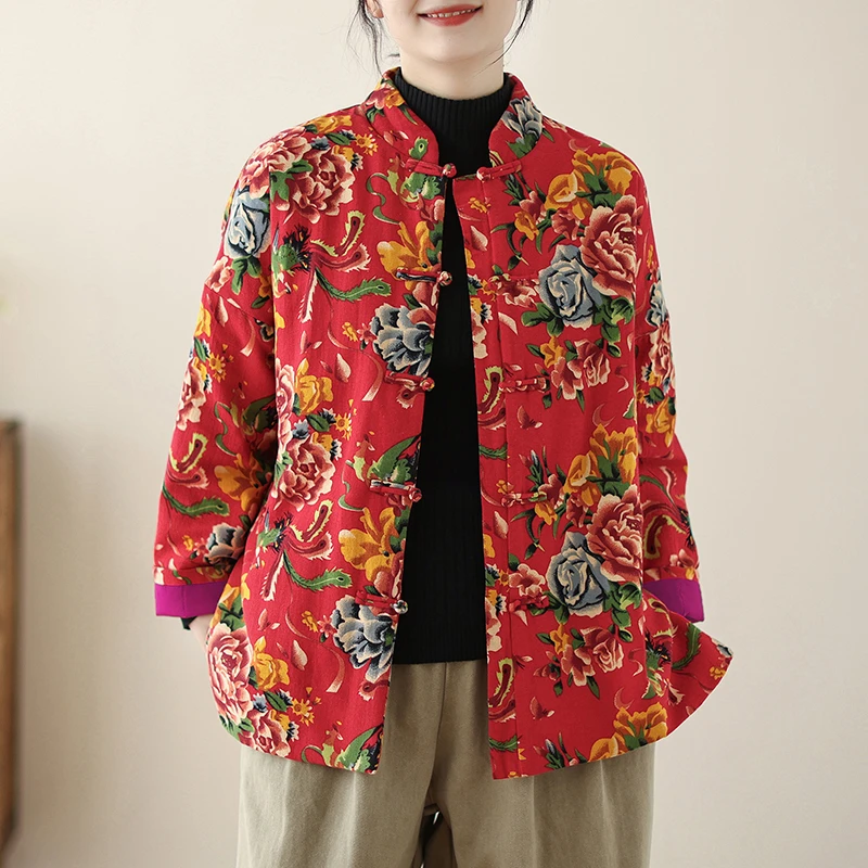 中年妈妈装宽松百搭长袖棉服女2025秋冬新款加厚东北大花棉袄外套