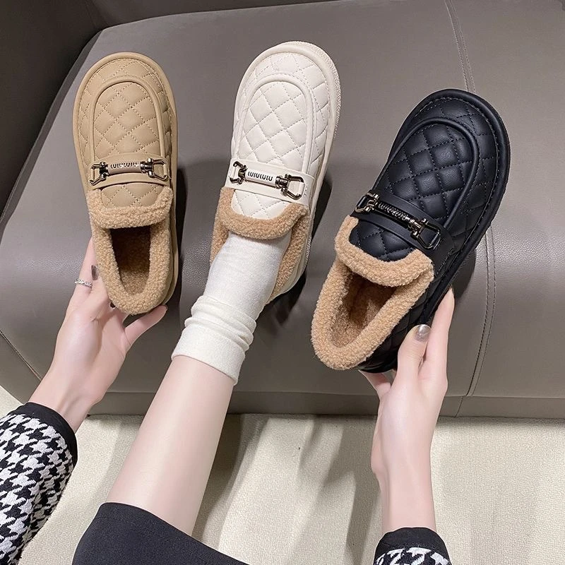 新款棉鞋女2024冬季新款一脚蹬保暖加绒单鞋面包鞋平底鞋毛毛鞋女