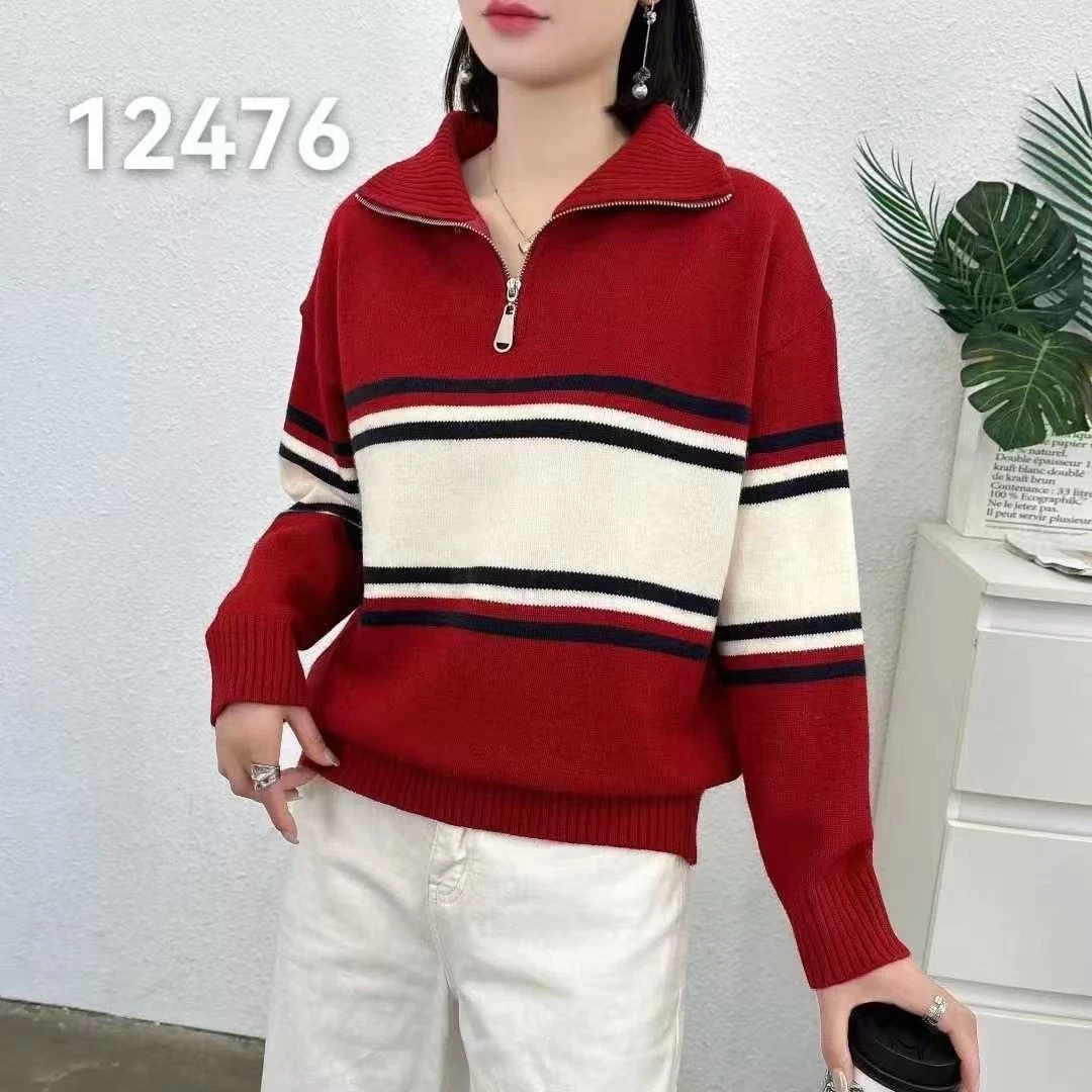 【12476】雅#半拉链撞色毛衣上衣