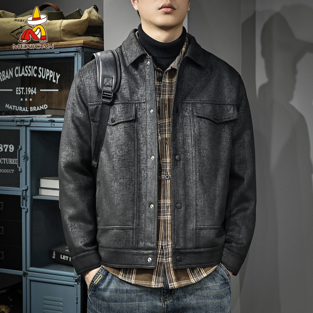 Mexican/稻草人冬季麂皮绒夹克羽绒服男款宽松大码翻领工装外套潮