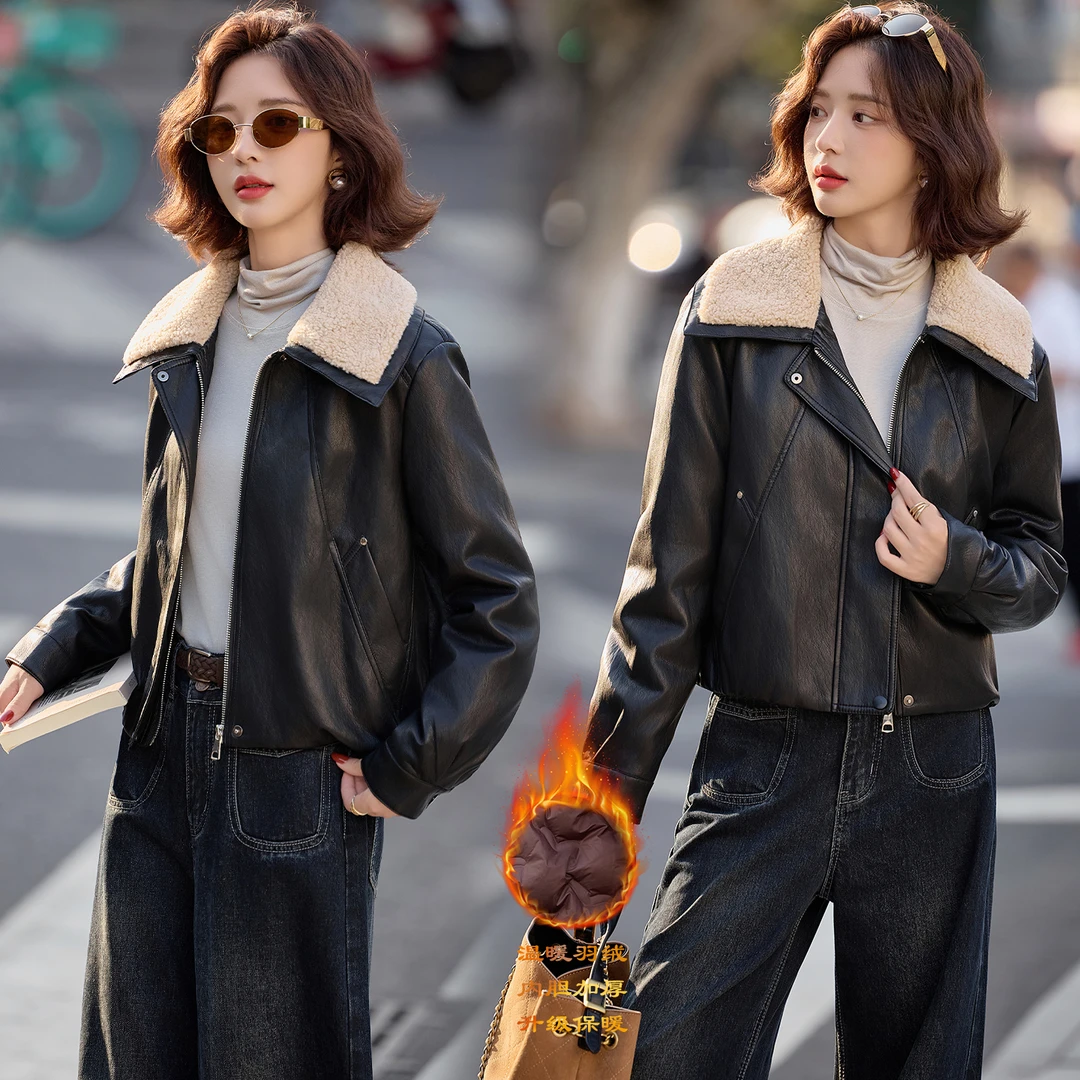 毛绒翻领拼接皮衣羽绒服女2025年冬季新款洋气时髦白鸭绒短款外套