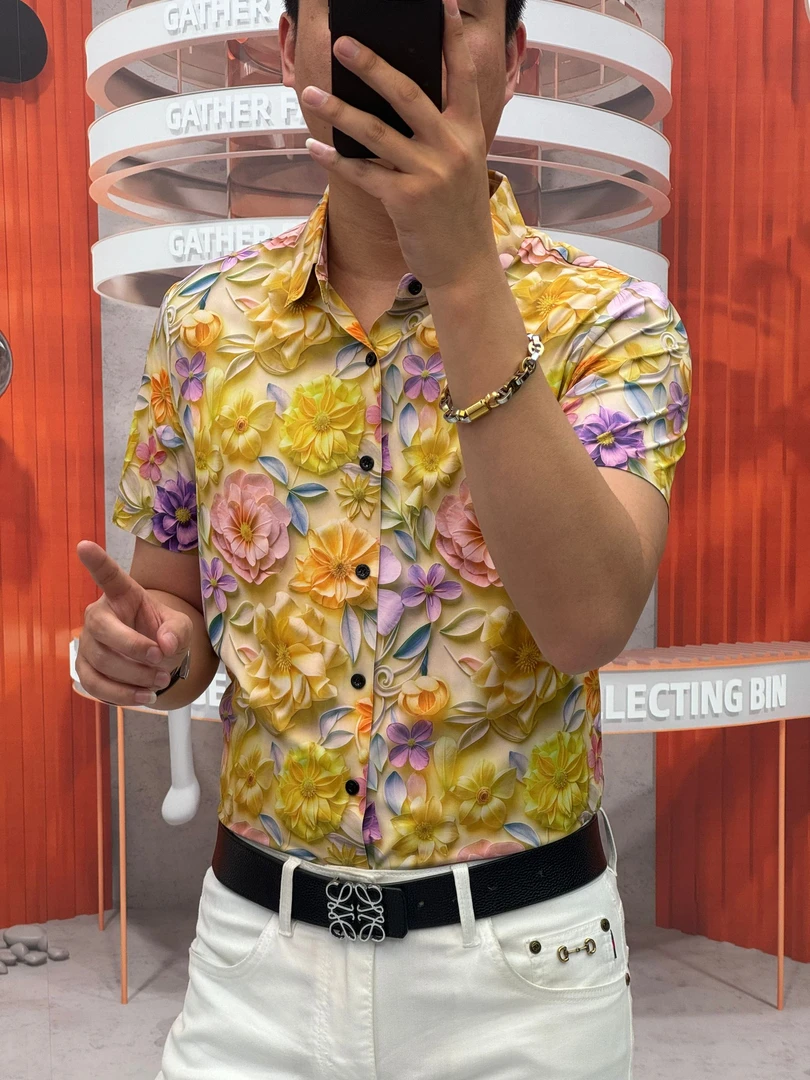 25夏季（轩诚）大花朵印花时尚个性百搭潮流青春男款弹力短袖衬衫