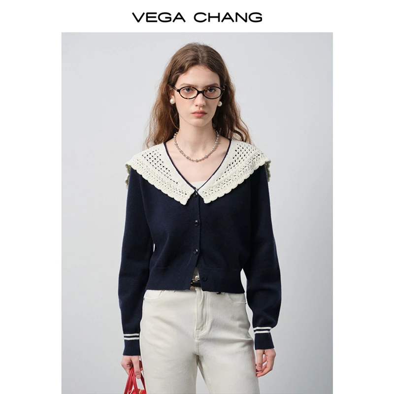 VEGA CHANG针织衫女2025秋季新款小个子白色翻领气质短款开衫外套