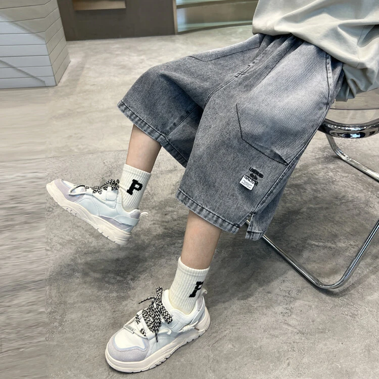 男童牛仔短裤夏季薄款中大童刺绣字母时髦痞帅宽松儿童休闲五分裤