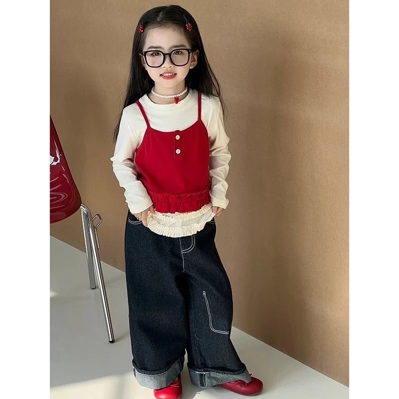 女童两件套2025春款木耳边T恤针织小吊带洋气百搭中大童甜美女生