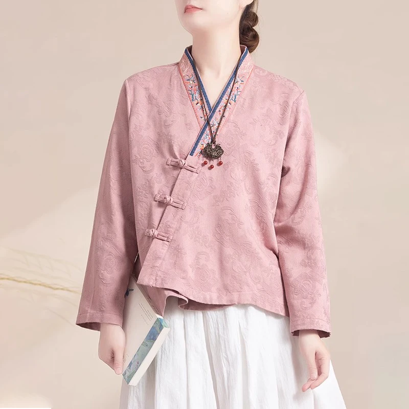 中国风复古斜襟盘扣系带开衫女春秋提花棉麻绣花V领宽松汉服上衣