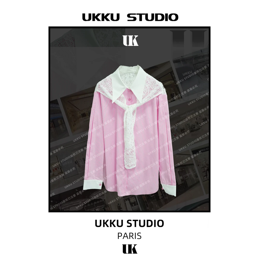 秀秀【UKKUSTUDIO】时尚法式赫本风气质条纹休闲假两件衬衫213517