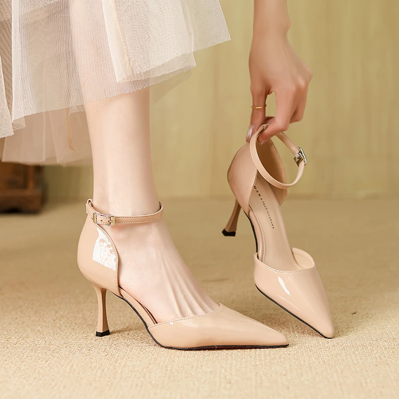 不累脚高跟鞋气质新款通勤职业上班工作鞋尖头一字带裸色高跟鞋